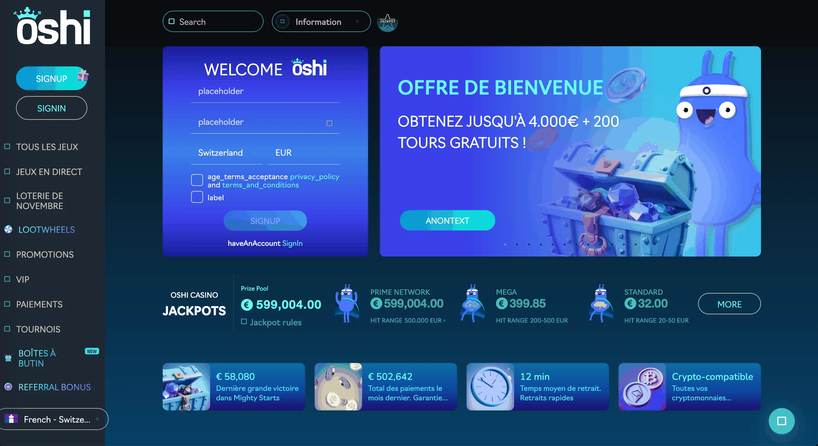 Site Web du Casino Oshi Oshi Casino Page Accueil